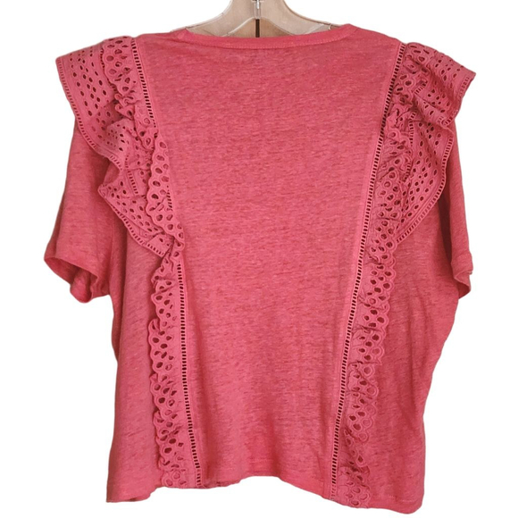 VERONICA BEARD Jeans Prema Eyelet Ruffle Coral Linen Ruffle Short Sleeve Tee L - Picture 3 of 5